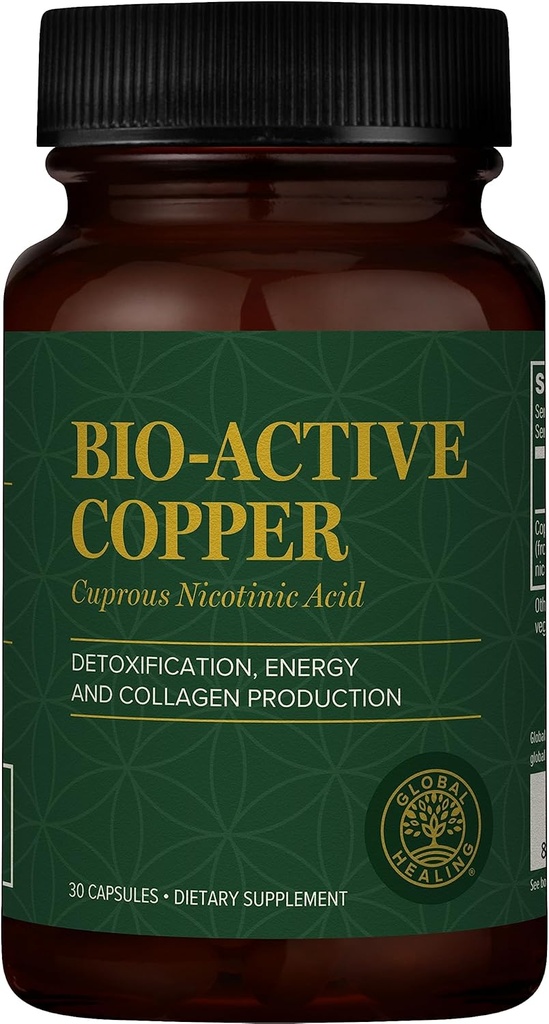 Global Healing Bio-Active Copper Supplement Cu1 - Cuprous Nicotinic Acid Helps Detox Body from Within - Supports Immune System &amp; Red Blood Cell - Niacin Vitamina B3 Chelated Copper - 30 cápsulas
