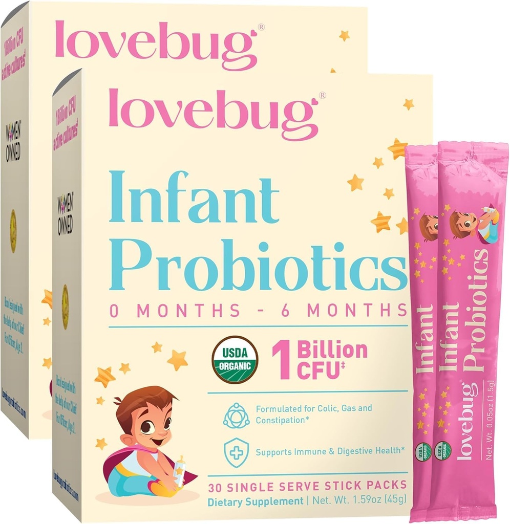 Probióticos para bebés de LOVEBUG 0-6 meses - USDA Probióticos orgánicos para bebés, soporta gas para bebés, cólicos, diarrea y alivio del estreñimiento de recién nacidos, alérgenos y azúcar libre, polvo sin sabor, 60 paquete