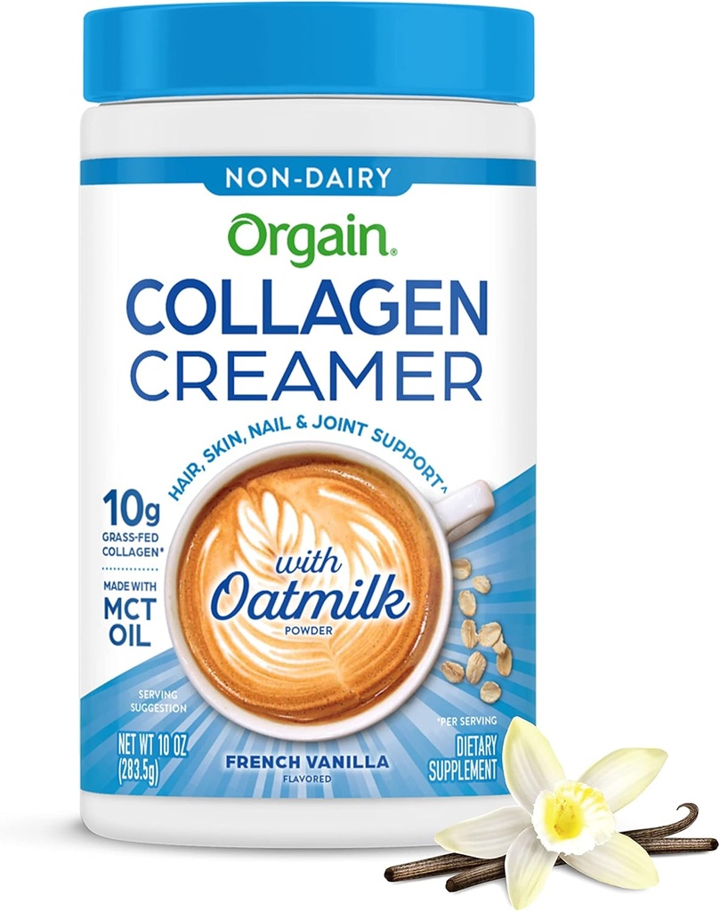 Orgain Collagen Coffee Creamer, 10g Grass Fed Hidrolyzed Collagen Peptides, Vainilla Francesa - Con aceite de oliva orgánico, aceite de coco, aceite MCT, aceite de aguacate, pelo, piel, uñas, &amp; soporte conjunto - 10oz