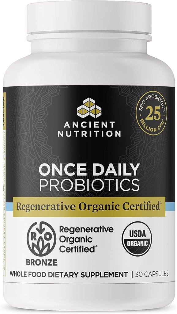 Probióticos certificados orgánicos antiguos de nutrición, Probióticos diarios una vez diario, la digestión saludable y la función del sistema inmunitario Soporte, 25 millones de UFC* por servicio, 30 cuenta