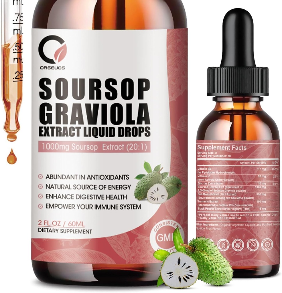 Soursop Graviola Liquid Drops - Soursop Extract Plus Sea Moss, Soursop Bitters Liquid for Cell Regeneration, Immune Boost, Relax, Antioxidante, Energy - 2 Fl Oz