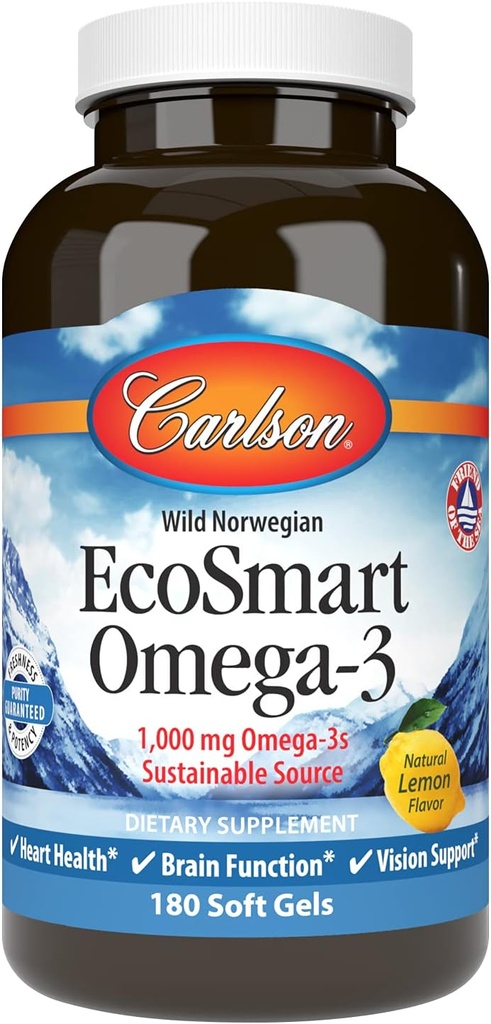 Carlson - EcoSmart Omega-3, 1000 mg Omega-3, Fuente Sostenible, Salud del Corazón, Función del cerebro &amp; Visión Apoyo, Lemon, 180 Softgels