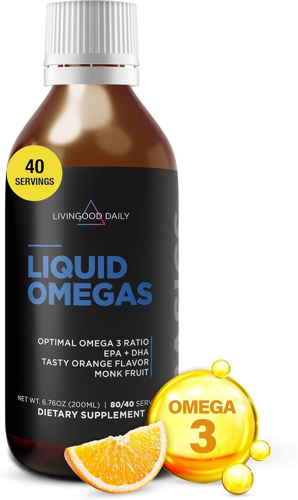 Livingood Daily Liquid Omega 3 Fish Oil, EPA & DHA Supplement with Monk Fruit & Orange Flavor, Supports Heart, Joint " Brain Health, Fish Oil for Men " Women, Non GMO, Gluten Free, 200 ML, 40 Servings