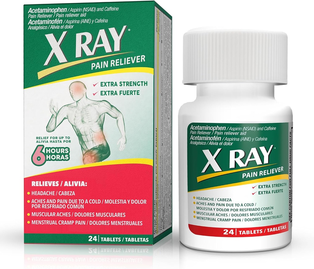 X RAY Extra Strength Doin Reliever: Acetaminophen 500 mg, Aspirina, cafeína - 24 Tabletas Cada una, Potent Formula for Migraine, Headache, and Back Pain Relief, Reduce la Inflamación
