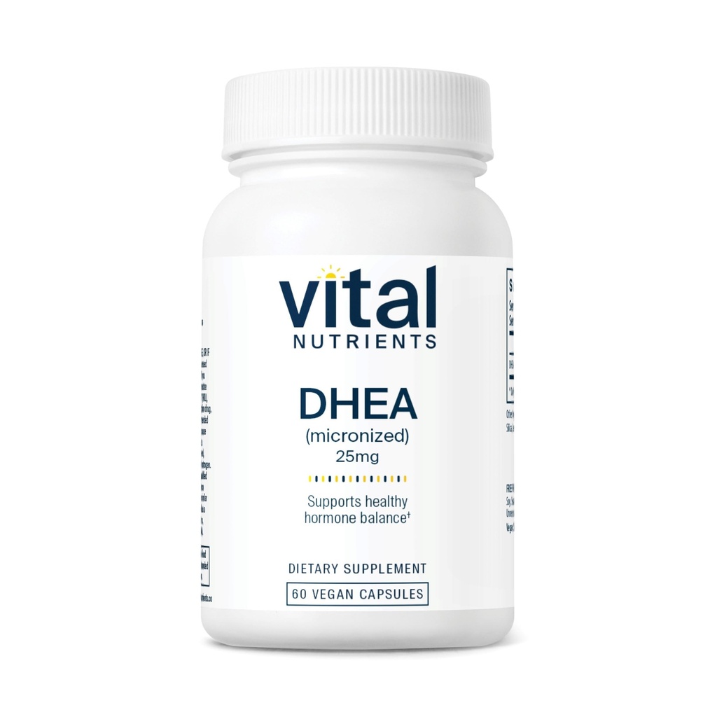 Nutrientes Vitales DHEA 25mg ← Vegan Micronized DHEA Suplemento para Mujeres &amp; Hombres Silencioso Soportes Equilibrio de hormonales Apoyos Metabolismo Saludable de Azúcar &amp; Minerales TEN Gluten, Dairy, Soy Free TEN 60 cápsulas