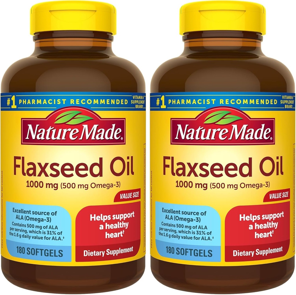 Nature Made Flaxseed Oil 1000 mg, Suplemento dietético para el apoyo a la salud cardíaca, 180 Softgels (Pack of 2)