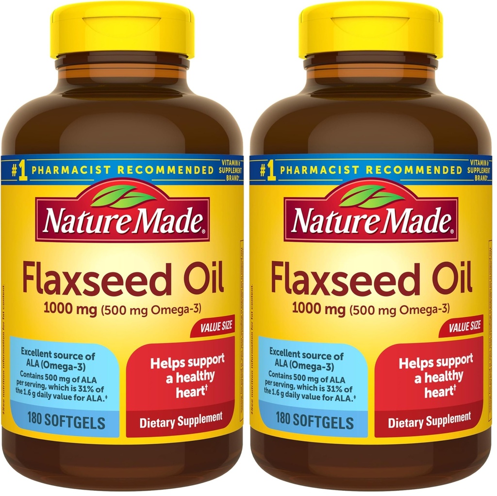 Nature Made Flaxseed Oil 1000 mg, Suplemento dietético para el apoyo a la salud cardíaca, 180 Softgels (Pack of 2)