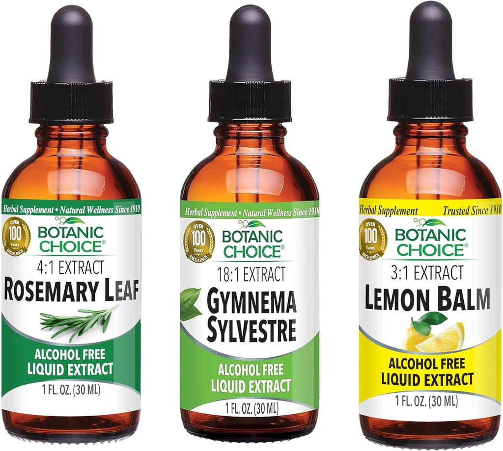 Botanic Choice Lemon Balm, Rosemary Leaf, &amp; Gymnema Sylvestre Extractos Bundle – Daily Global Wellness Kit for Balanced Sleep, Immune System Boost, Better Focus, & Mejor bienestar (1 fl. Oz. Cada)