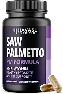 Saw Palmetto PM for Hombre with Melatonin 3mg - Night Time Prostate Health Supplement for Bladder and Sleep Support - Reduce Urinary Frequency - 200 Count - Vegan, Non-GMO Capsules - Over 6 Month Supply