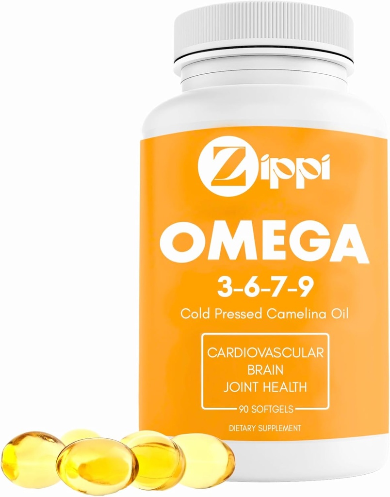 Zippi Omega 3-6-7-9 Camelina Softgels - Planta base Omega 3-6-7-9 Fatty Acid Suplemento. Ayuda a apoyar la función cerebral, hepática, cardiovascular, inmunológica y conjunta