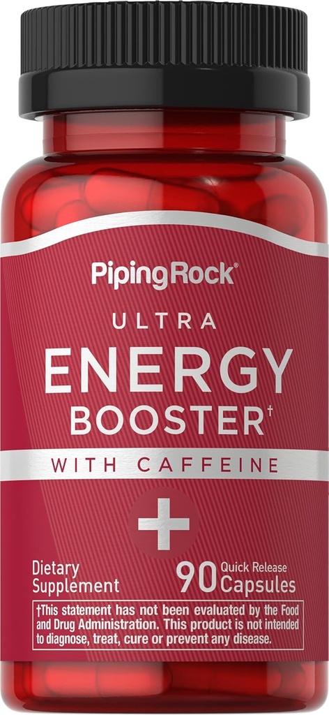 Piping Rock Energy Supplement with Caffeine ← 90 Capsules ← Quick Release Energy Booster Pills ← Non-GMO, Gluten Free Formula
