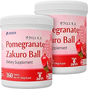 Bolas de granada Umeken, Suplemento Chewable con vitaminas naturales, minerales, ácidos cítricos " Taninos, suplementos de granada japonesa para mujeres, suministros 4 meses, botella de 360 conde, paquete de 2