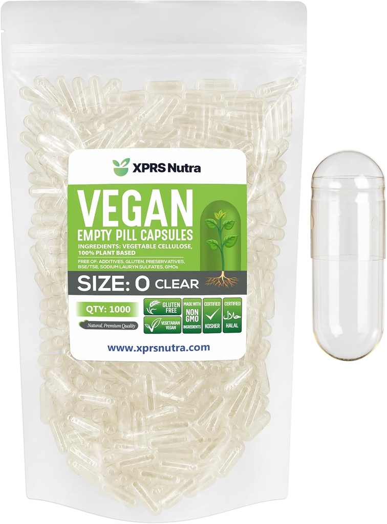XPRS Nutra Tamaño 0 Empty Capsules - 1000 Conde Clear Empty Vegan Capsules - Vegetarian Pills - DIY Vegetable Capsule Filling - Veggie Pill Caps for Do-It-youself Suplementos