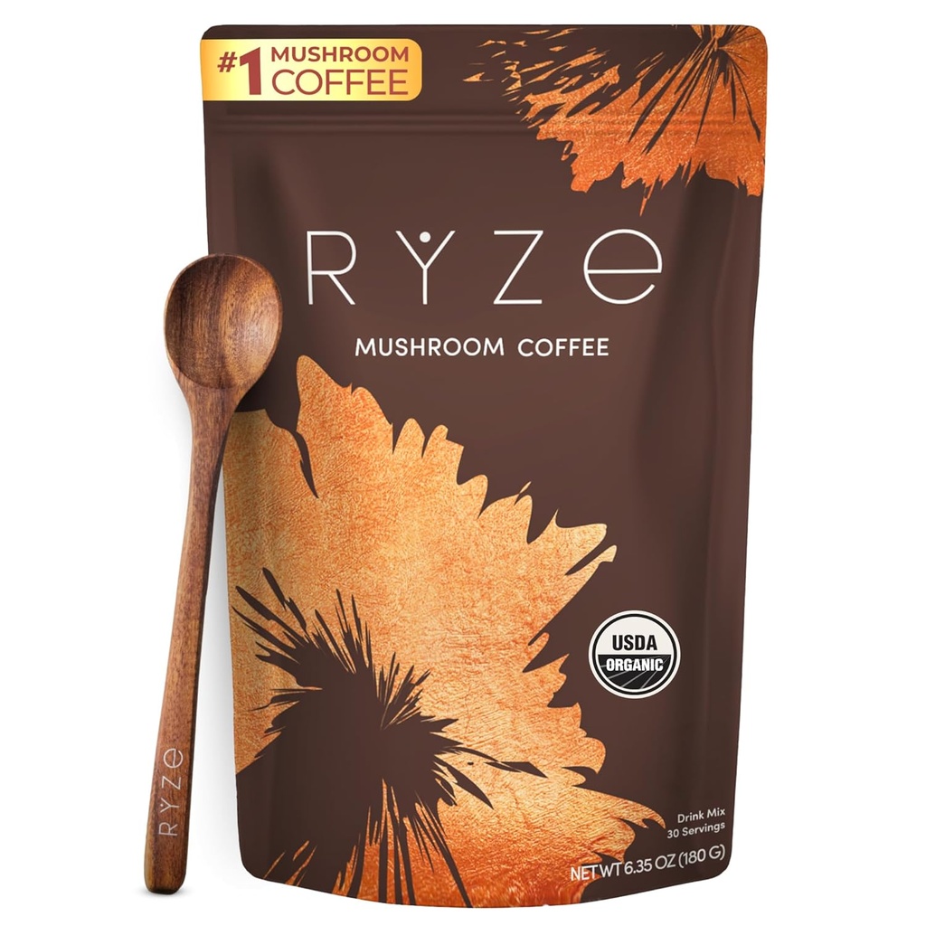RYZE SUPERFOODS Café de hongos USDA Orgánico con 6 Setas Adaptogénicas y MCT Oil, EE.UU. Café instantáneo para una mejor energía, Focus, Digestión, Inmunity with Lions Mane & Turquía Tail, 30 porciones