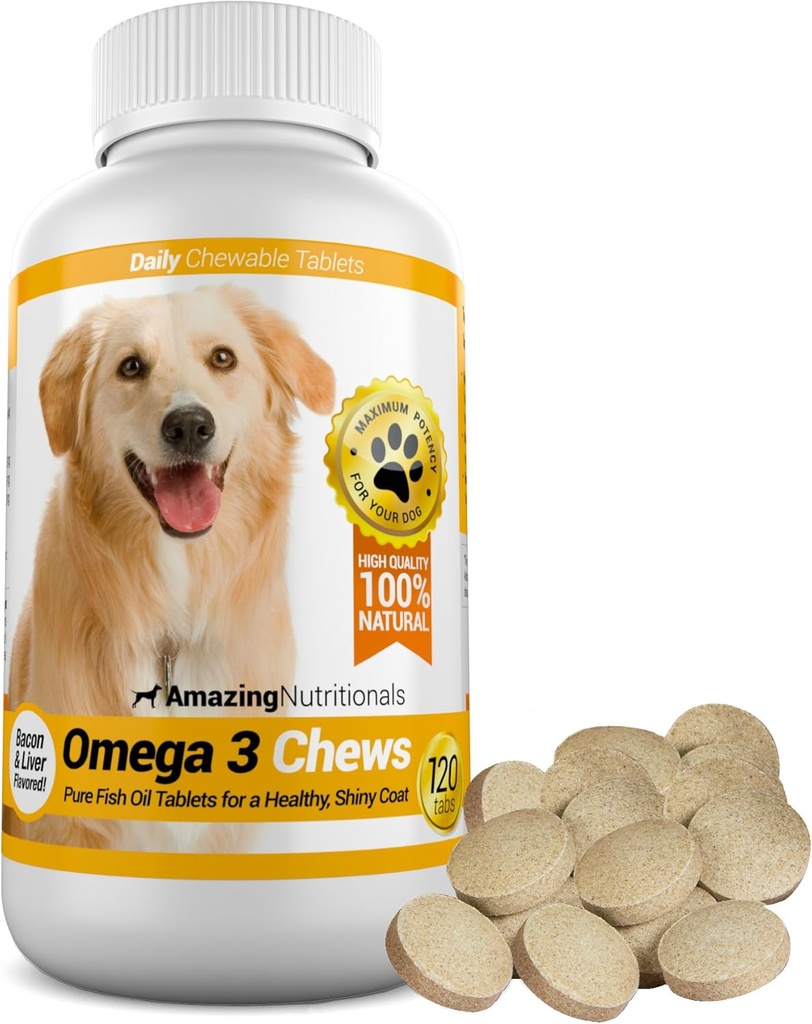 Amazing Omega 3 for Dogs - Omega 3 Fish Oil for Dogs Suplemento para Itchy Skin Relief for Dry Skin and Hot Spots and Shedding Coat with EPA and DHA Fatty Acids - 120 Bacon Flavor Chews