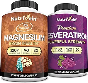 Nutrivein Premium Magnesium L-Threonate &amp; Resveratrol Supplement Bundle: High-Absorption Magnesium Threonate and Resveratrol Capsules for Repair, Defenses, " Vitality