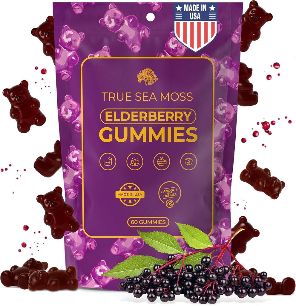 TrueSeaMoss Sea Moss Elderberry Gummies for Adults &amp; Kids – con Burdock Root, Bladderwrack & Magnesium – Vegan, Non-GMO Formula – Made in USA – 60 Gummies