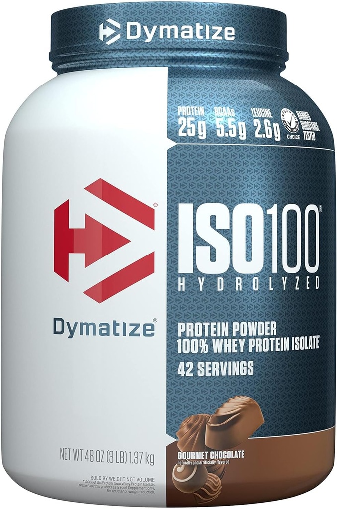Dymatize ISO100 Hidrolyzed Protein Powder, 100% Whey Isolate Protein, 25g de Protein, 5.5g BCAAs, Gluten Free, Fast Absorbing, Easy Digesting, Gourmet Chocolate, 3 libras (42 servidos)