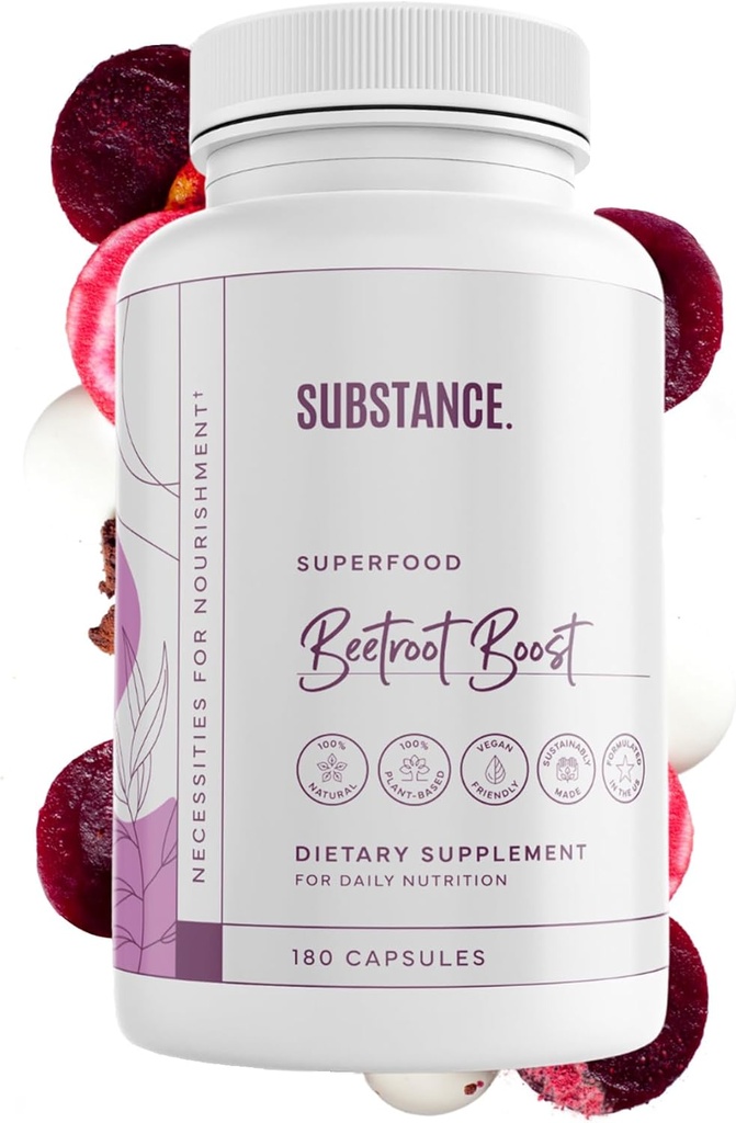 SUSTANCIA. Beetroot Boost Capsules - 4500mg por Serving, 30 días Beet Root Capsules Supply – Beets Suplemento con Vitamin-C & Manganese – Natural Nitric Oxide & Energy Booster Powder – USA