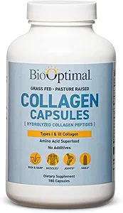 BioOptimal Collagen Peptides Capsules - Grass-Fed, Pasture-Raised Hydrolyzed Protein Supplement for Skin, Hair, & Nails - Non-GMO, Zero Sugar Daily Pills for Men &amp; Women (180 cápsulas)