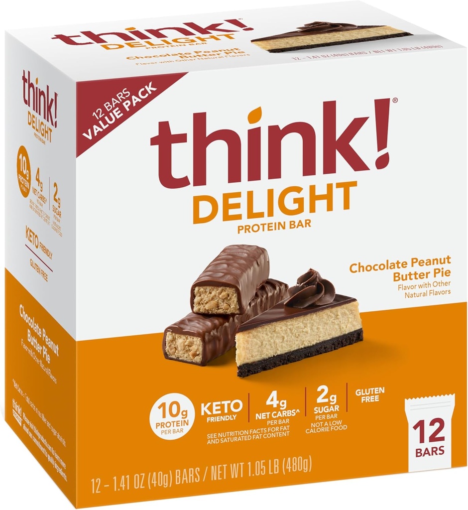 ¡Piensa! Delight Protein Bares, Chocolate Peanut Butter Pie, Low Sugar & Low Carb Gluten-Free Snack, Keto Friendly Snacks, 12 Conde (Packaging May Vary)