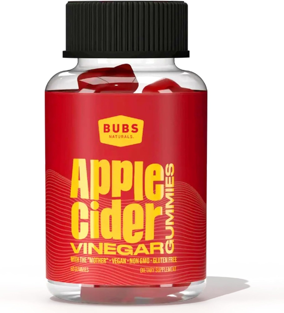 BUBS Naturals Manivelas de vinagre de manzana con la madre, todas las vitaminas de goma natural vegana de ACV, apoya la desintoxicación, la digestión " Booster de energía con vitaminas B, 60 conteo