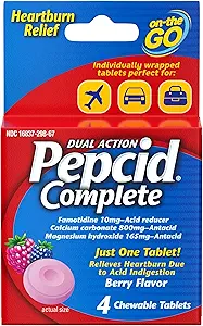 Pepcid Reductor completo de ácido + antiácido para Reflujo ácido, Famotidina de 10 mg, Carbonato de calcio de 800 mg > Hidroxido de magnesio por mandíbula de ácido, Packets individuales, Flavorado de Berry, 4 ct
