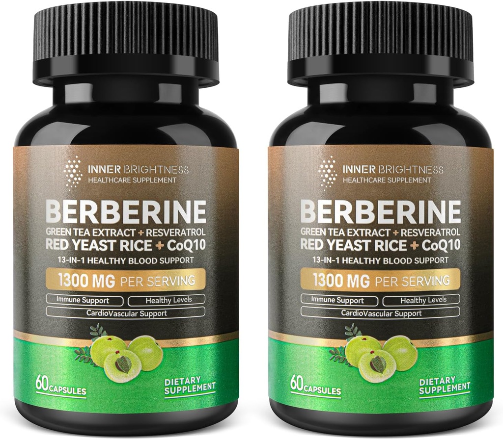Berberine 1300mg with Green Tea Extract, Resveratrol, Red Yeast Rice & CoQ10 – 13-in-1 Immune Health, Natural Metabolic Support – 60 Capsules – Non-GMO, Lab Tested - 2 Pack