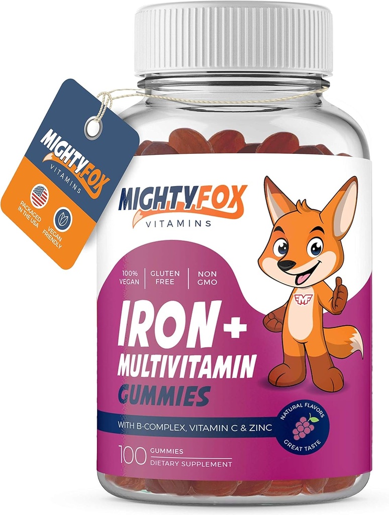 Vitaminas Gummy de Hierro para Niños y Adolescentes – Tapioca Basado - Mejor Tasting - No GMO - Gluten Gratis - Vegan - Suplemento de Hierro Chewable w/Vitamin A, C, B3, B5, B12, Ácido Fólico, Biotin &amp; Zinc 100ct