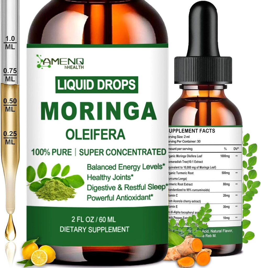 Pure Moringa Oleifera Liquid Drops, Orgánica Moringa Leaf Extract w. Turmeric, Black Pepper, Moringa Supplement for Energy Metabolism Immune Skin Joint & Gut, 6X Stronger Than Moringa Capsules Powder