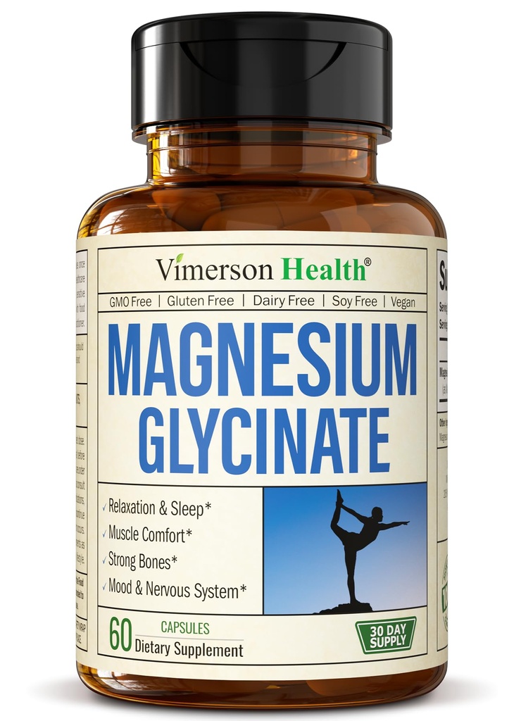Vimerson Health Magnesium Glycinate 200 mg for Sleep & Relaxation – Calm Mind & Stress Support – Gentle on Stomach, Bioavailable Form – 60 Vegan Capsules