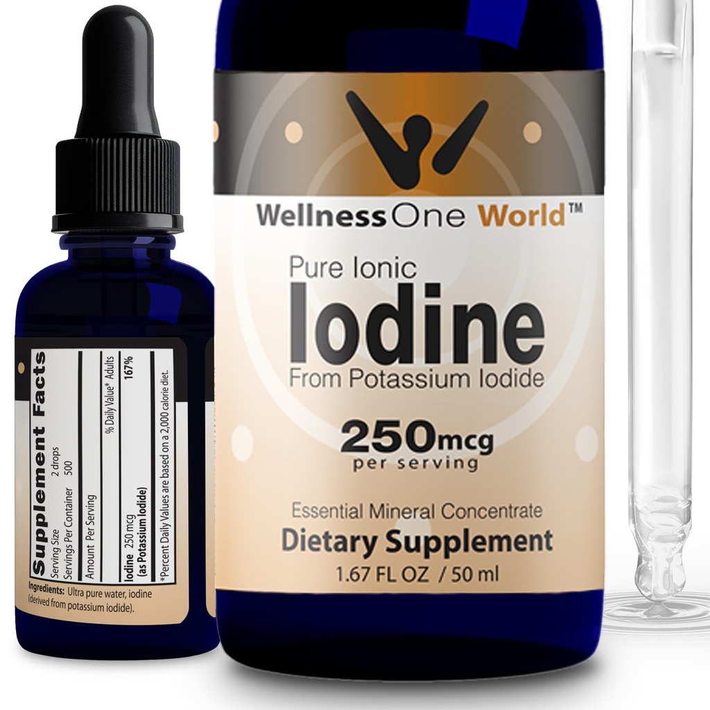 WellnessOne Iodine Drops for Thyroid Support - Fast Acting Liquid Iodine Supplement from Potassium Iodide - Great for Immunity & Cognition &amp; Maximizes Iron Absorption - 1.67 fl oz