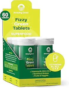 Increíble Grass Tablas efervescentes: Green Superfood Water Flavoring Tablet with Antioxidants & Alkalizing Greens, Lemon Lime, 60 Count