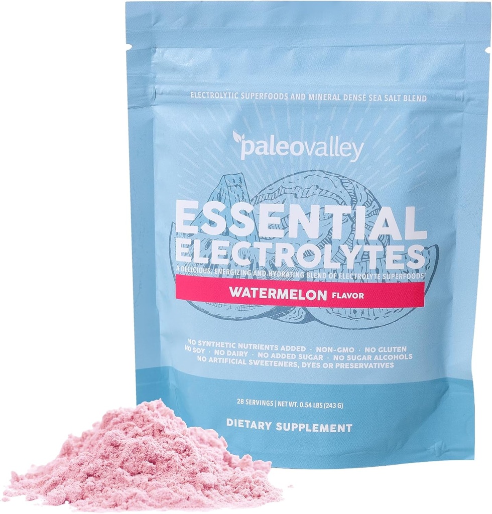 Paleovalley Essential Electrolytes Powder - Full Spectrum Watermelon Electrolyte Powder para Hydration, Energy and Muscle Recovery - No Sugar Añadido - 28 Serviciones