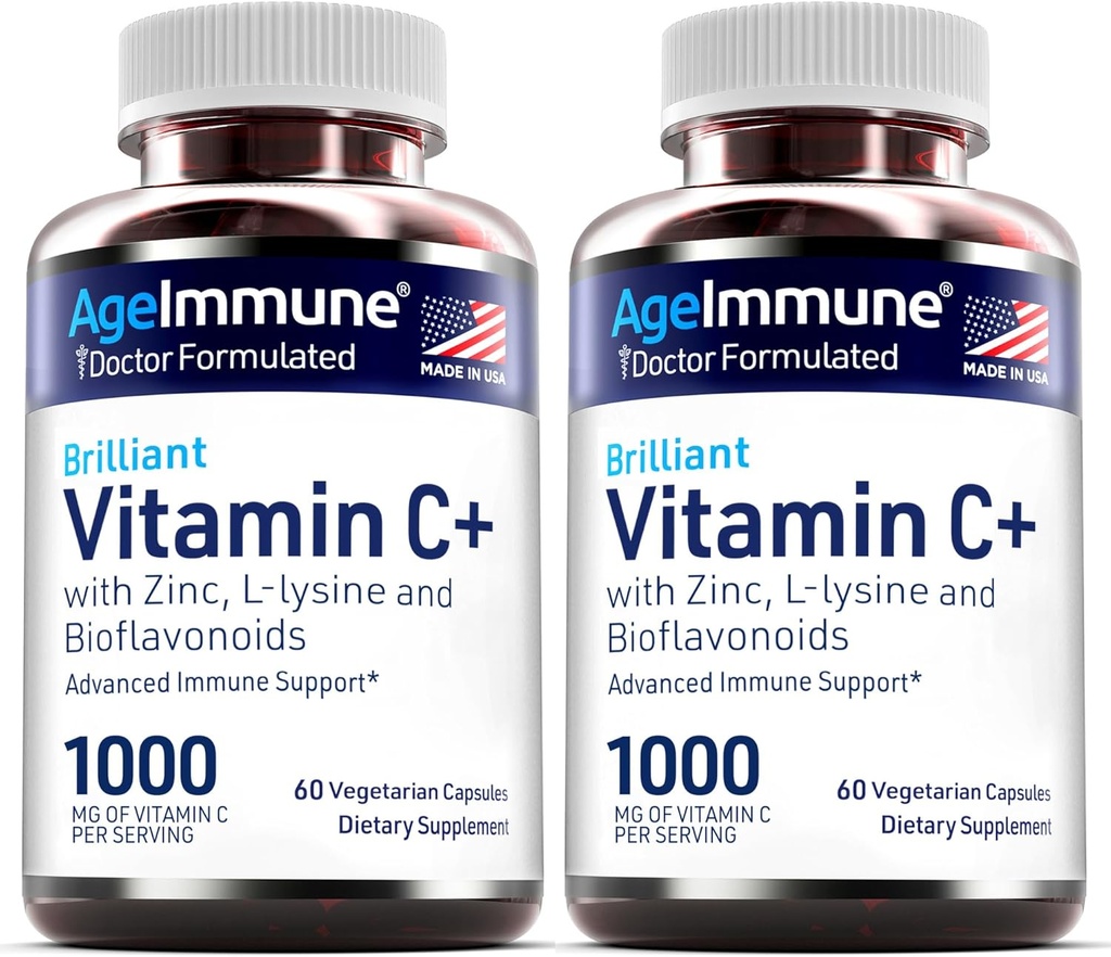 Complejo de vitamina C 1000mg con L-Lysine 500mg, Zinc Gluconate 12mg, Bioflavonoids 300mg. Doctor Formulado Magnesio Stearate Suplementos gratis para el Sistema de Immune saludable. Dos botellas.(2)