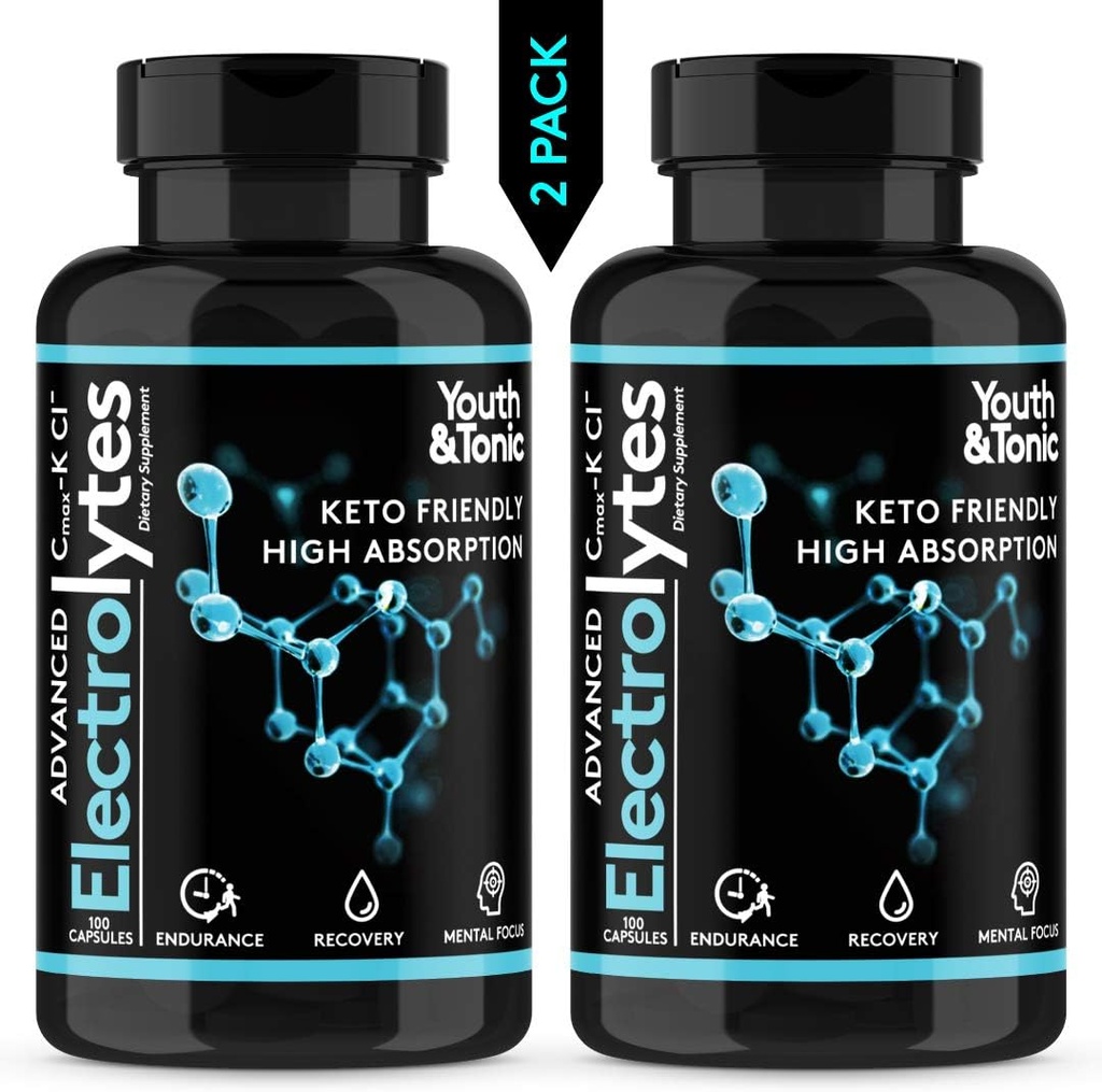 Suplemento de electrolito completo w Alta biodisponibilidad y Cmax Chloride Potassium Magnesium para la resistencia Muscle Recovery Mental Focus. Rehidratación rápida Salts y Keto Friendly Pills con 200 caps