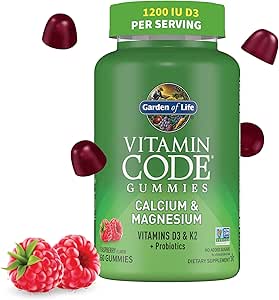 Garden of Life Vitamin Code Calcium Magnesium Gummies with D3 & K2, Supports Bone Health & Bone Strength + Prebiotics & Probiotics for Digestive Support, Non-GMO, Gluten-Free, 60 Raspberry Gummies