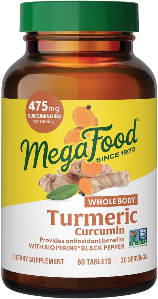 Suplemento de la Curcumina del Cuerpo de MegaFood - Suplemento Turmérico con Pepper Negro & Vitamina C - 475 mg Curcuminoides Por Servir - Antioxidante &amp; Apoyo Inmunitario - Vegan - 60 Tablas, 30 Serviciones