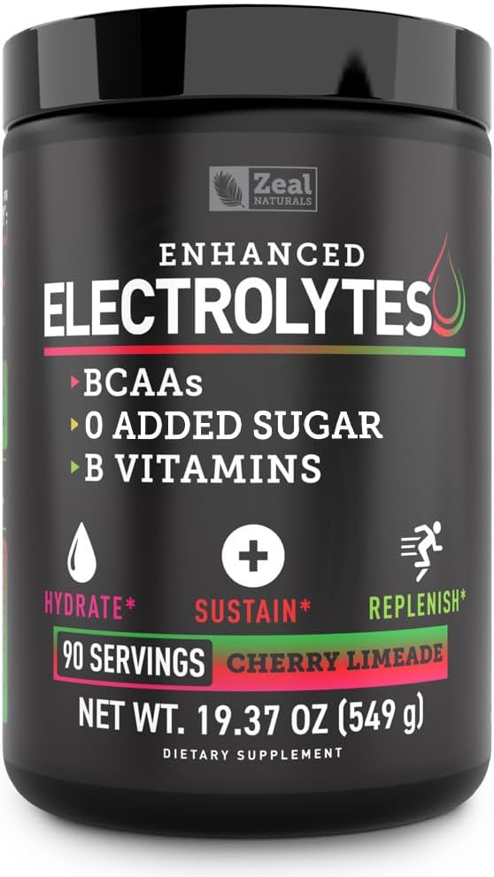 Zeal Naturals Electrolyte Powder Recovery Drink (90 Servings ← Cherry Limeade) w 0 Sugar +BCAAs +B-Vitamins Electrolyte Suplemento w Potassium Zinc &amp; Magnesium for Hydration - Keto Electrolytes
