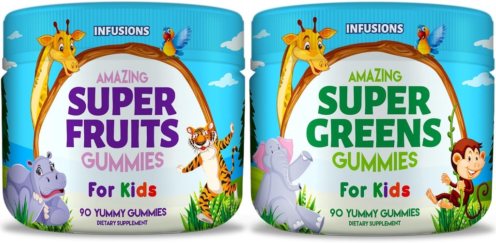 Infusiones Super Fruit y Super Green Gummies para niños 180 cuentan Superfood Blend Soft y Delicious Gluten Free Non-GMO