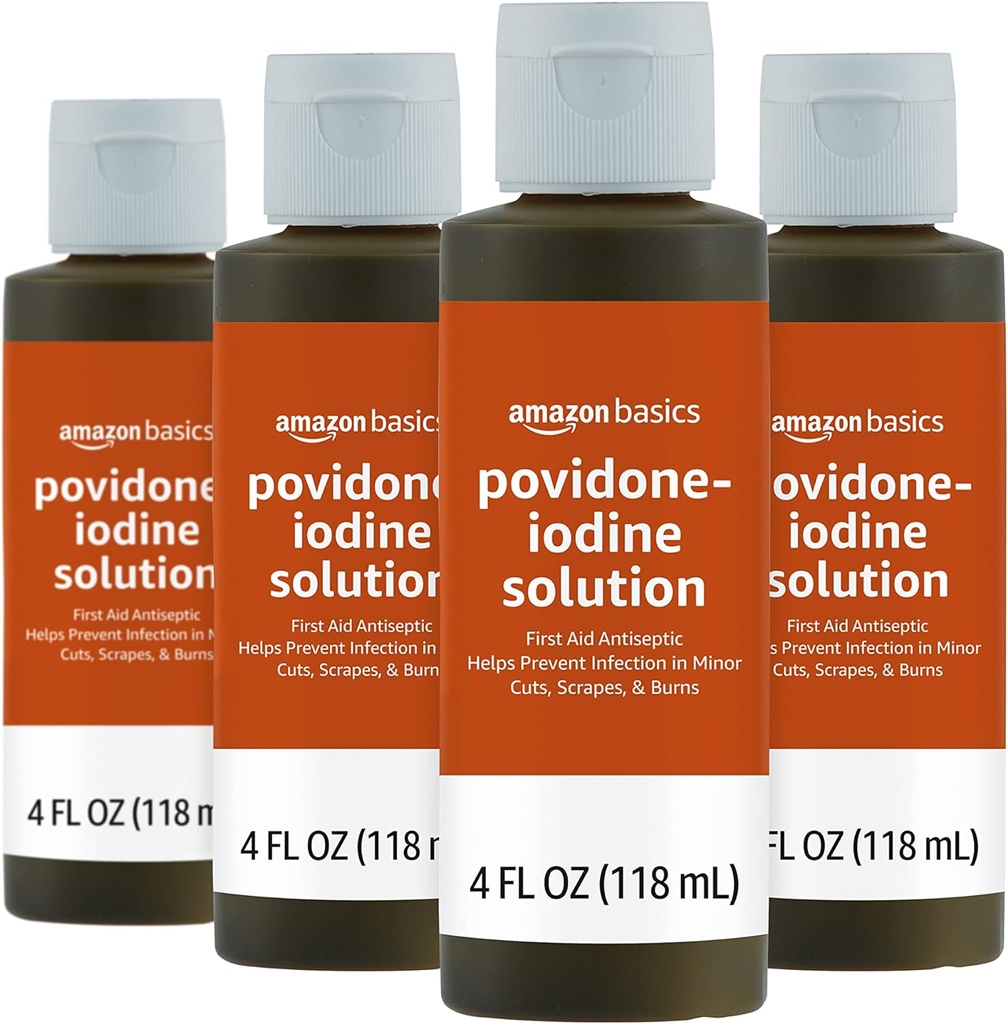 Basics First Aid Antiseptic, 10% Povidone Iodine Solution, 4 Fluid Ounces, 4-Pack (antes Solimo)