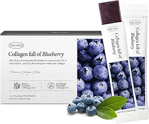 Korean Collagen Jelly Sticks - 25 Blueberry Flavored Marine Collagen Peptide Snacks for Anti-Aging- Collagen Protein Sugar-Free, Travel Packs for Hair & Nail Strength