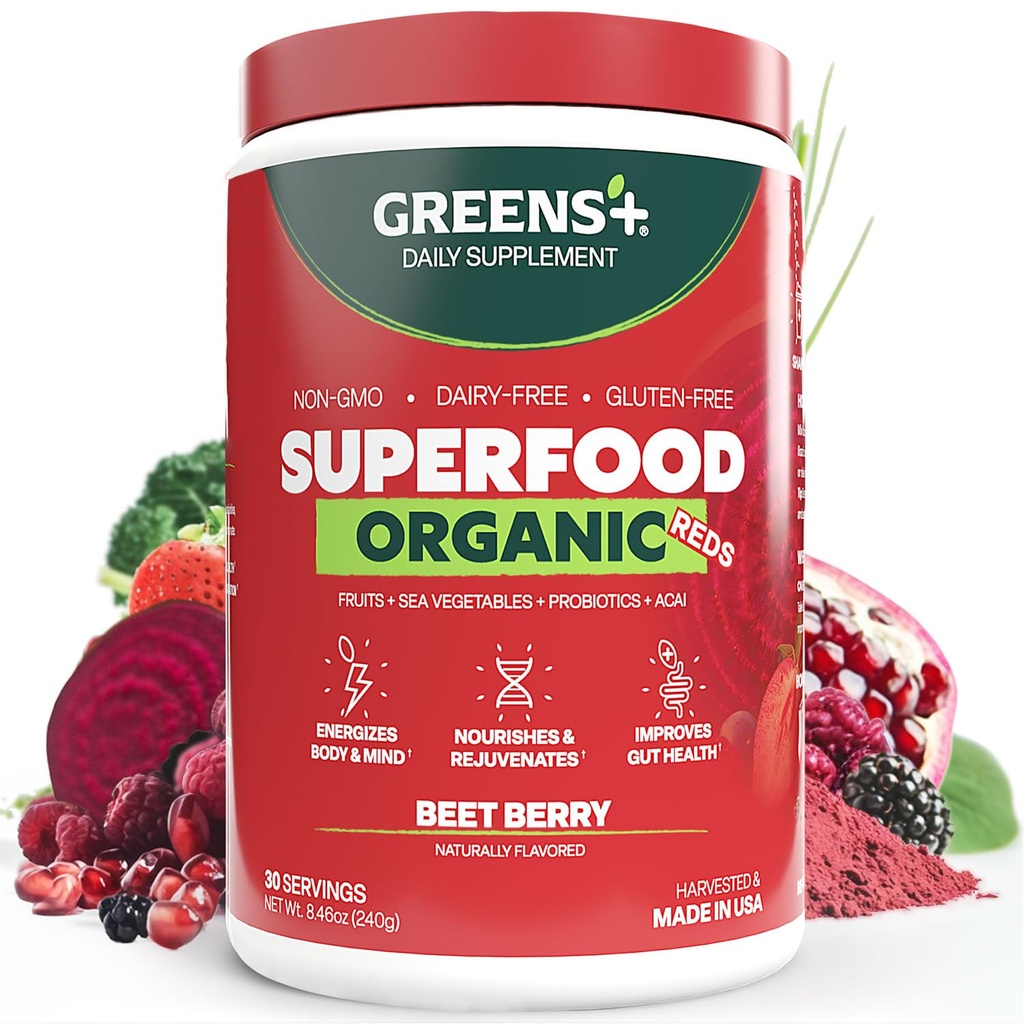 Verdes+ Rojos Ecológicos Polvo Superalimentario, Antioxidante, Polifenol, Blend for Morning Kick, Energía, Vitality Boost, Nutrición, Salud Vibrant, Vegan Soy/Dairy/Gluten Free(8.46oz)