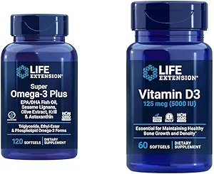 Super Omega-3 Plus EPA/DHA Fish Oil, Sesame Lignans &amp; Vitamina D3 125 mcg (5000 IU), Bone Health, Brain Performance