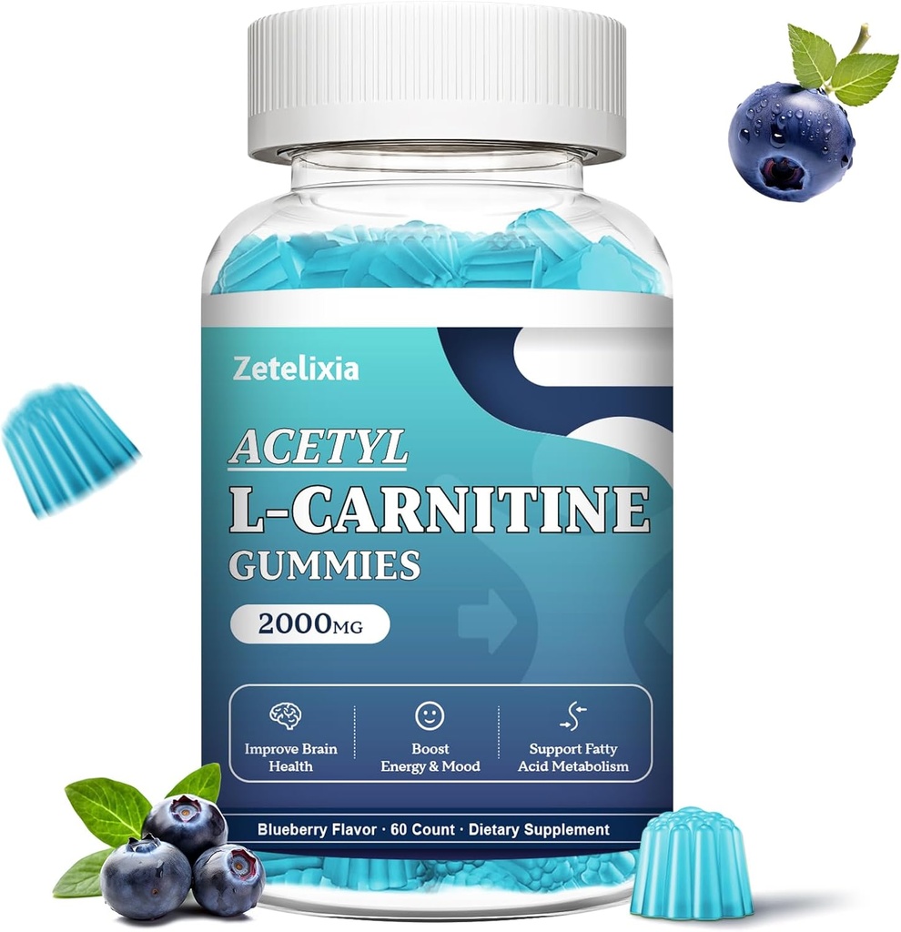 Sugar Free Acetyl L-Carnitine Gummies, L-Carnitine Supplement for Women &amp; Men, with Vitamin C &amp; B12, ALCAR for Energy, Brain & Heart Health Support, Vegan, Non-GMO, 60 Count