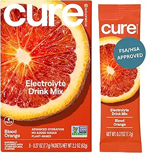 Cure Hydration ¦ Plant-Based Electrolyte Drink Mix ← No Añadido Sugar ← Dehydration Relief Powder Hecho con Coconut Water ← Non-GMO ← Vegan tención Caja de 8 Packets - Blood Orange