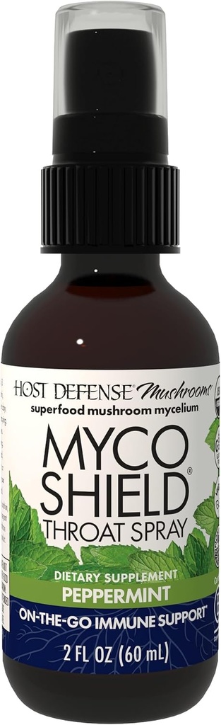 Host Defense MycoShield Throat Spray - Immune Health Support - Dietary Mushroom Supplement with Chaga, Reishi, Turkey Tail &amp; More - On-The-Go Immune Support - Peppermint, 2 fl oz (142 Servings)*