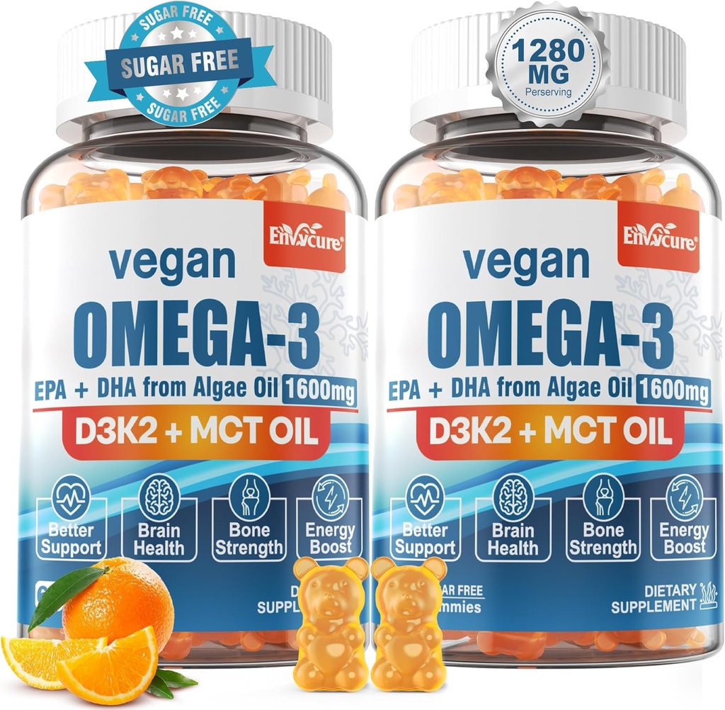Vegan Omega 3 Gummies 1280mg + Vitamina D3 K2 (MK7), Omega 3 Fish Oil Alternative for Adults, w/Algae EPA 600mg &amp; DHA 400mg, MCT Oil - No Fish Taste - for Brain, Eye, Immune Health, Sugar Free, 2 Pack