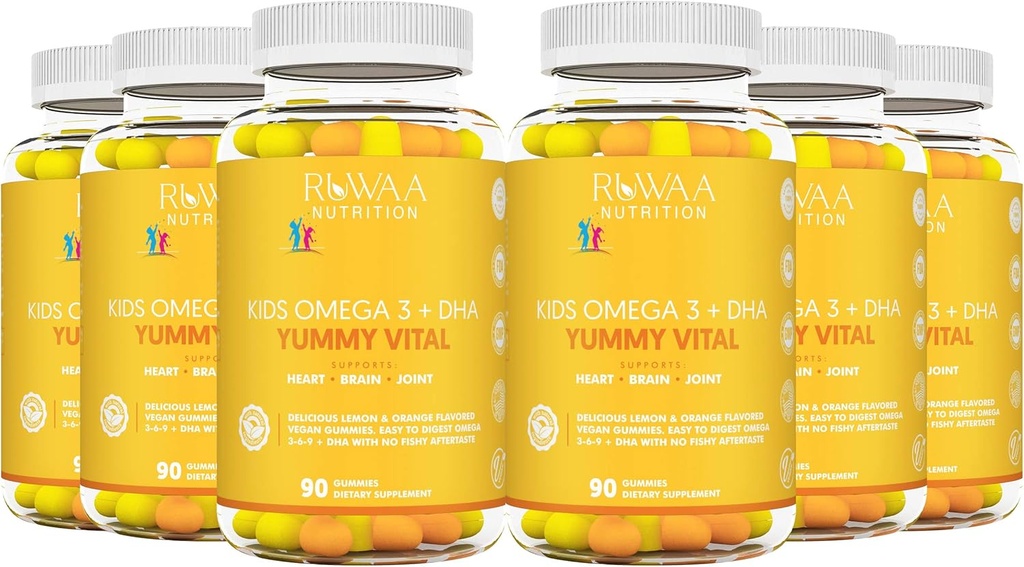 RUWAA NUTRITION Kids Omega 3 Gummies DHA EPA Omega 3 Suplemento Kids. No Fish Oil After-Taste Vegan Omega 3 6 9 + DHA Gummies & Vitamina C. Salud Cognitiva, Enfoque, Visión. Niños Omega 3 540ct (6)