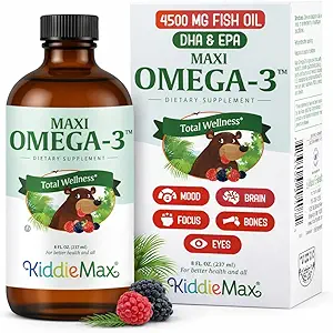 Maxi Health Omega 3 for Kids Supplement – Kosher Omega 3 Kids Fish Oil Liquid with DHA & EPA – Liquid Fish Oil Supplement with Fruity Burst Flavor to Support Mood, Brain, Focus, Bones & Eyes (8 oz)